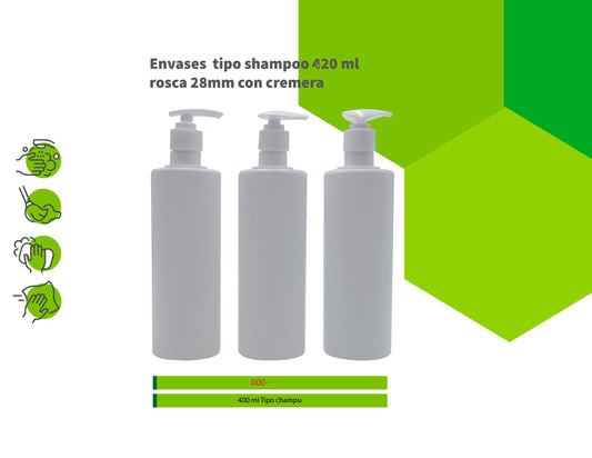 Envases tipo shampoo 420ml rosca 28mm con cremera