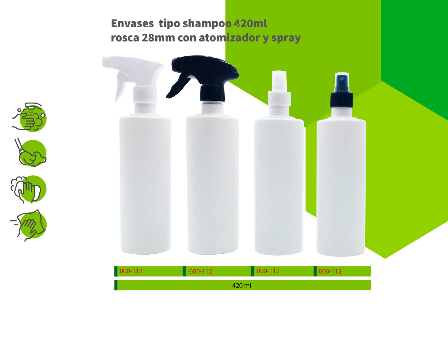 Envases tipo shamppo 420 ml rosca 28 mm con spray y atomizador