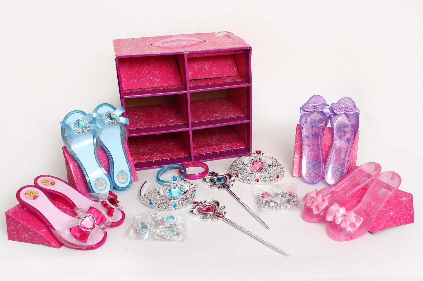 Set de princesas + coronas + zapatillas + accesorios